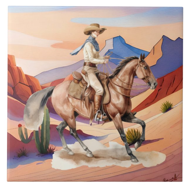 cute Western cowgirl desert  Tile (Front)