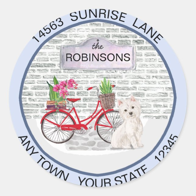Cute Westie Bicycle Blue Door New Address Moving Classic Round Sticker (Front)