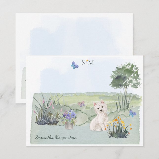 Cute Westie Butterfly Meadow Monogram & Name Card (Front/Back)