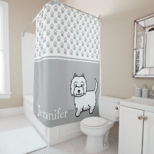 Cute Westie Cartoon Dog With Name And Paws Grey Shower Curtain