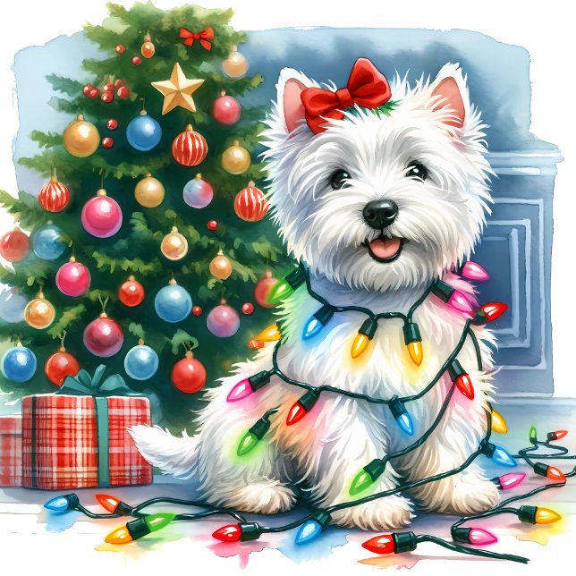 Cute Westie Christmas Tree Lights Holiday Card (Creator Uploaded)