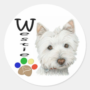 Cute Westie Dog and Paw Art Classic Round Sticker