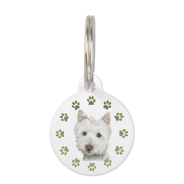 Cute Westie Dog and Paws Art Dog Tag (Front)