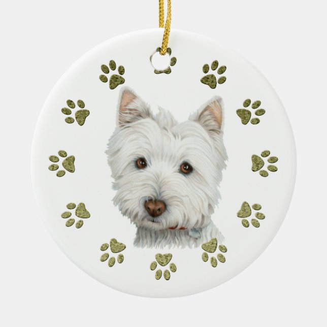 Cute Westie Dog Art and Paws Ceramic Tree Decoration (Front)
