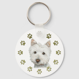 Cute Westie Dog Art and Paws Key Ring