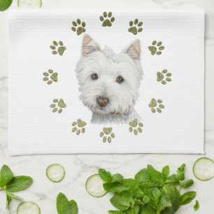Cute Westie Dog Art and Paws Tea Towel