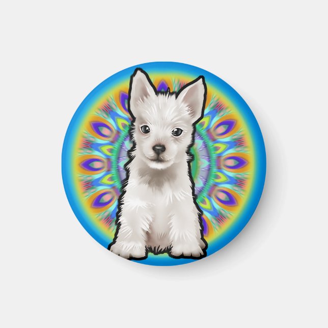 Cute Westie pup psychedelic fridge magnet blues (Front)