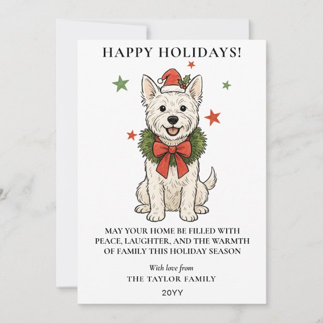Cute Westie White Terrier Dog Red Bow Wreath Holiday Card (Front)