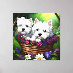 Cute Westie White Terrier Puppies in a Basket 2 Canvas Print