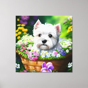 Cute Westie White Terrier Puppies in a Basket 5 Canvas Print