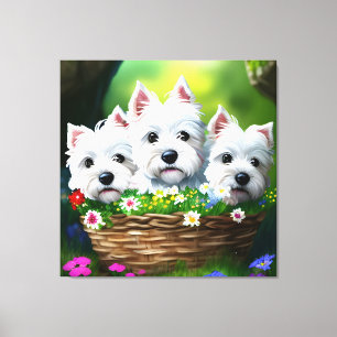 Cute Westie White Terrier Puppies in a Basket 6 Canvas Print
