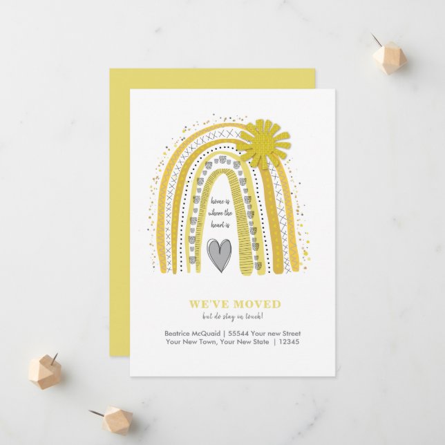 Cute We've Moved Boho Yellow Grey Rainbow Announcement (Front/Back In Situ)