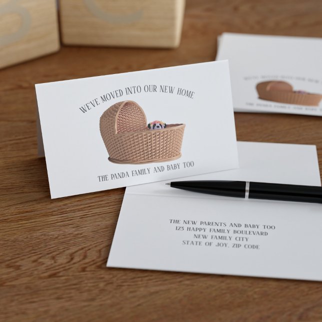 Cute We've Moved New Home Change of Address Cards (Cute little folded moving announcement cards featuring a panda in a basket. Add your details)