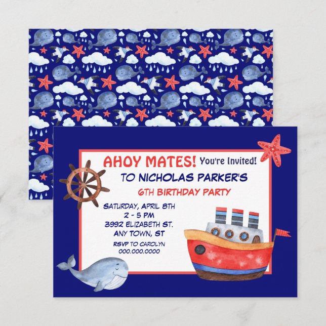 Cute Whale and Boat Birthday Party Invitation (Front/Back)
