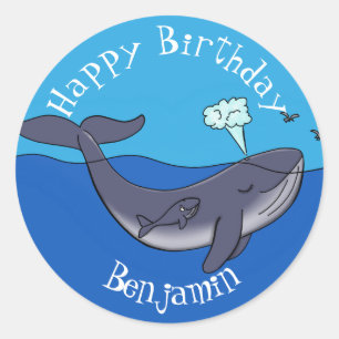 Cute whale and calf cartoon illustration classic round sticker