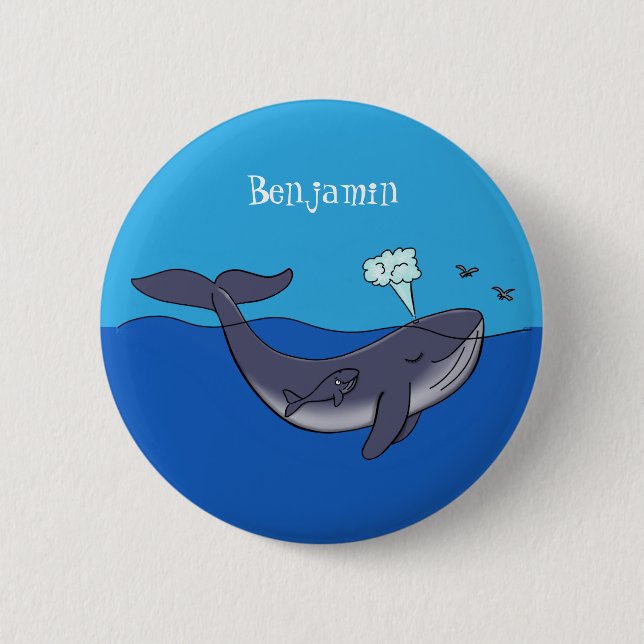 Cute whale and calf whimsical cartoon 6 cm round badge (Front)