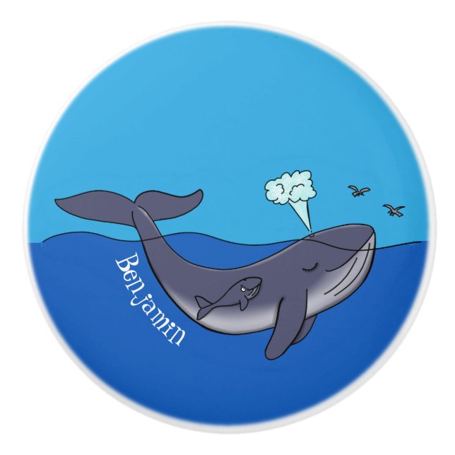 Cute whale and calf whimsical cartoon ceramic knob (Front)