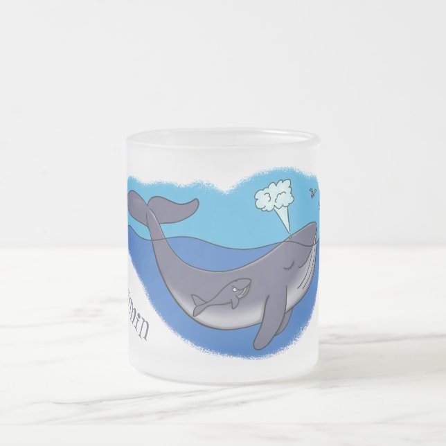 Cute whale and calf whimsical cartoon frosted glass coffee mug (Center)