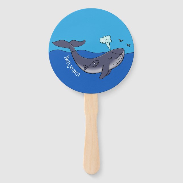 Cute whale and calf whimsical cartoon hand fan (Front)