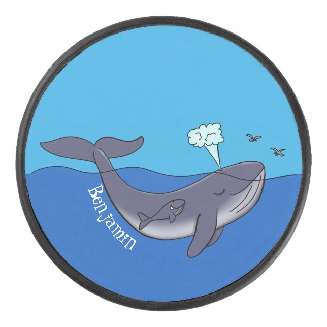 Cute whale and calf whimsical cartoon hockey puck (Front)