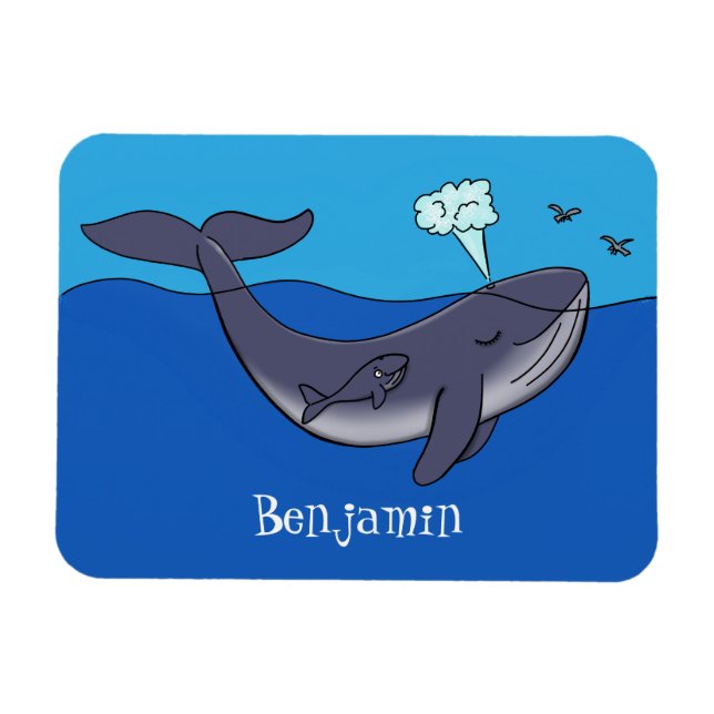 Cute whale and calf whimsical cartoon magnet (Horizontal)