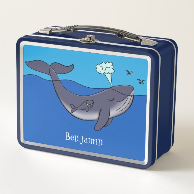 Cute whale and calf whimsical cartoon metal lunch box (Front)