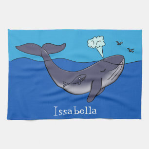 Cute whale and calf whimsical cartoon tea towel