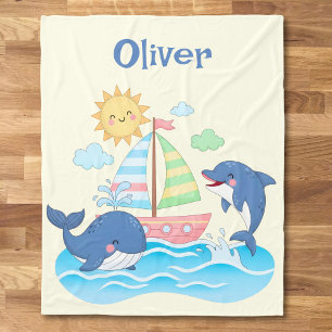 Cute Whale and Dolphin Sailboat Fleece Blanket