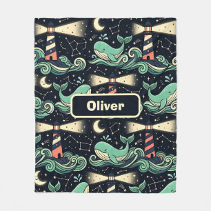 Cute Whale and Lighthouse Fleece Blanket