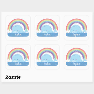 Cute Whale and Rainbow, Colourful Kids Name Square Sticker