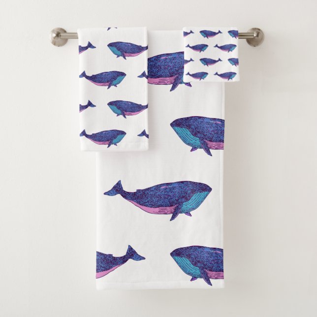 Cute Whale Art Drawing in Ocean Blue and White Bath Towel Set (Insitu)