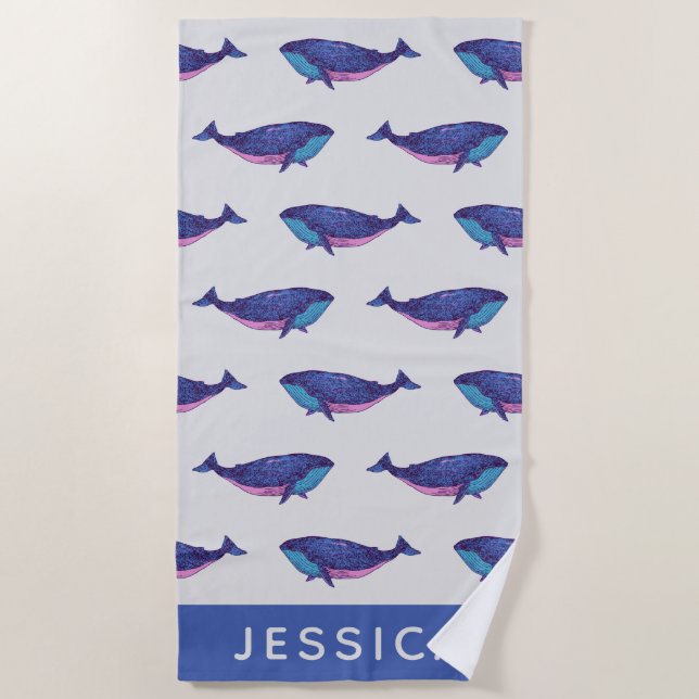 Cute Whale Art Pattern in Ocean Blue Personalised Beach Towel (Front)
