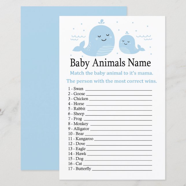 Cute Whale Baby Animals Name Game (Front/Back)