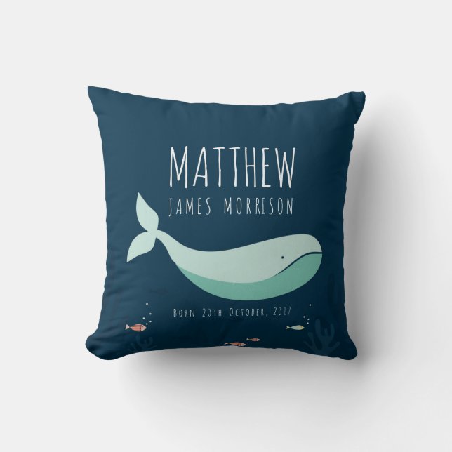 Cute Whale Baby Boy Birth Announcement Pillow (Front)
