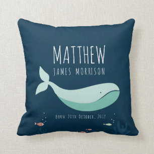 Cute Whale Baby Boy Birth Announcement Pillow