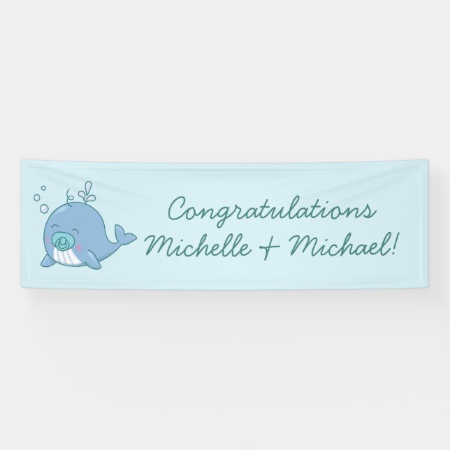 Cute Whale Baby Shower Kawaii Boy Blue Banner (Horizontal)