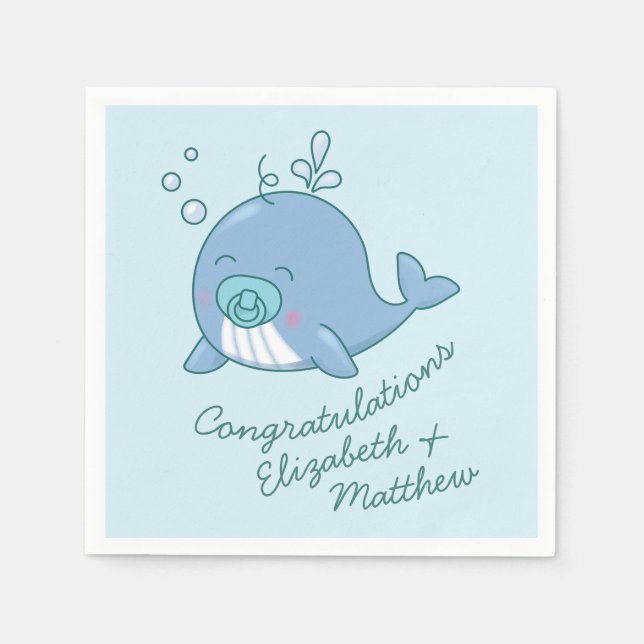 Cute Whale Baby Shower Kawaii Boy Blue Napkin (Front)