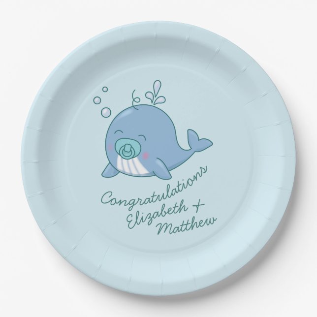 Cute Whale Baby Shower Kawaii Boy Blue Paper Plate (Front)