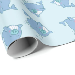 Cute Whale Baby Shower Kawaii Boy Blue Wrapping Paper