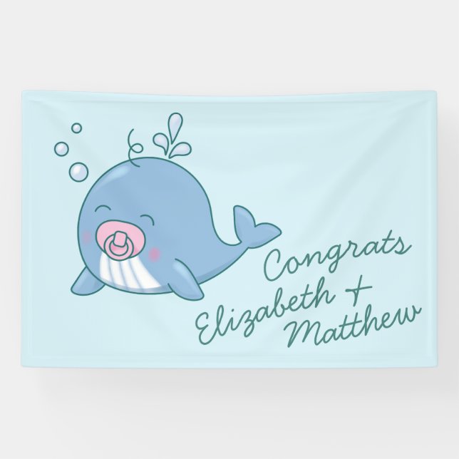 Cute Whale Baby Shower Kawaii Girl Pink Banner (Horizontal)