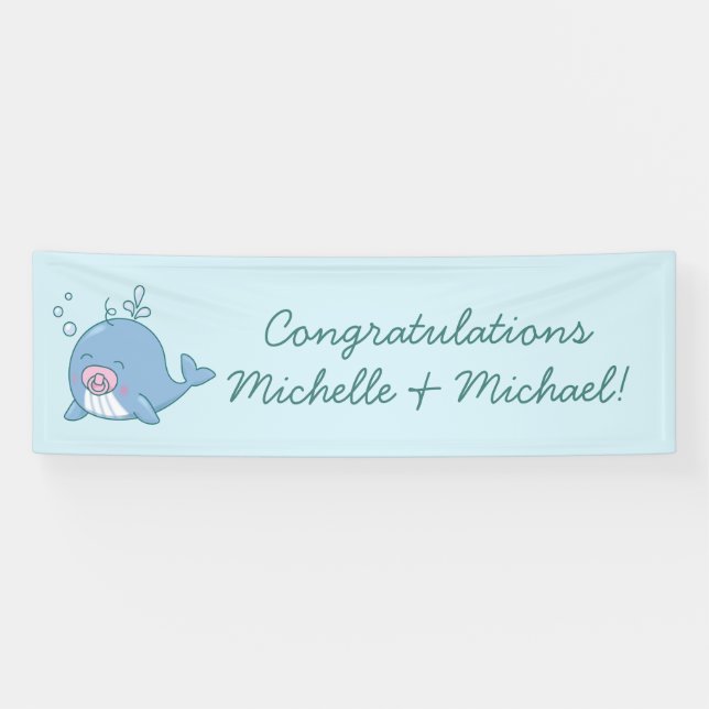 Cute Whale Baby Shower Kawaii Girl Pink Banner (Horizontal)
