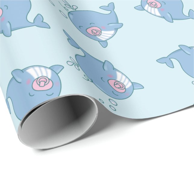 Cute Whale Baby Shower Kawaii Girl Pink Wrapping Paper (Roll Corner)