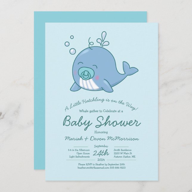 Cute Whale Baby Shower Kawaii Invitation Boy Blue (Front/Back)