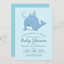 Cute Whale Baby Shower Kawaii Invitation Boy Blue