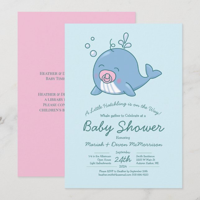 Cute Whale Baby Shower Kawaii Invitation Girl Pink (Front/Back)