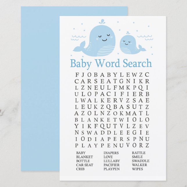 Cute Whale Baby Shower Word Search Game (Front/Back)