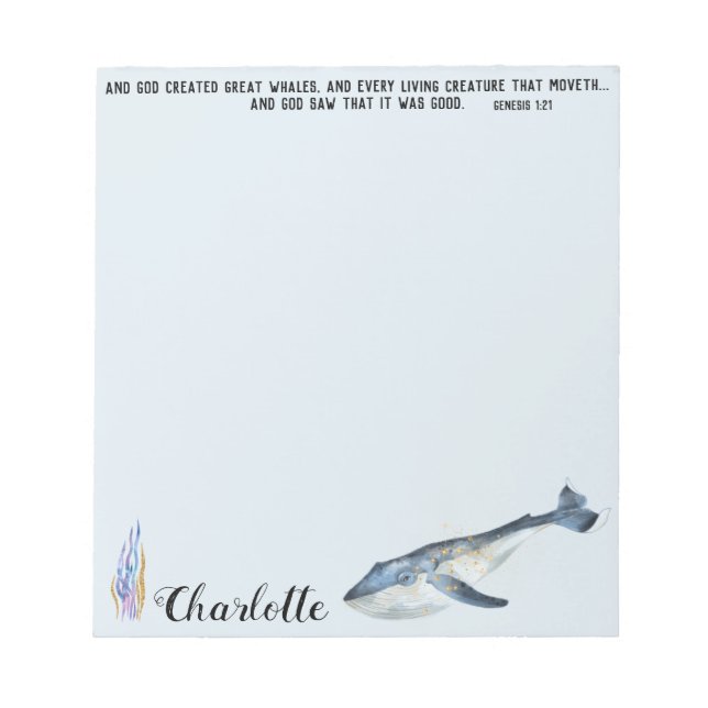 Cute Whale Bible Verse Christian Gift for Kids Notepad (Front)