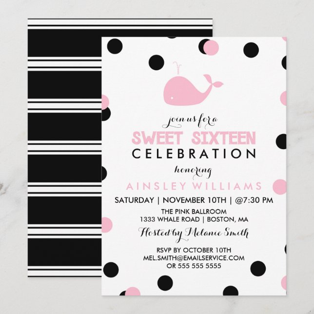 Cute Whale | Black & Pink Sweet Sixteen Party Invitation (Front/Back)