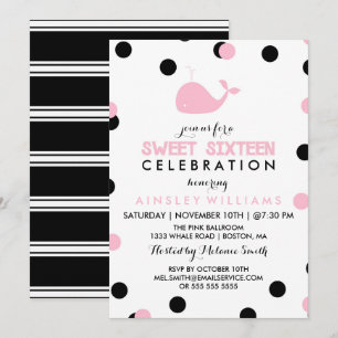 Cute Whale   Black & Pink Sweet Sixteen Party Invitation