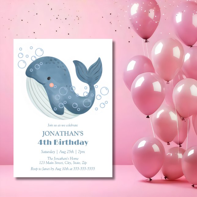Cute Whale Blue Bubble Kids Birthday Invitation (Creator Uploaded)